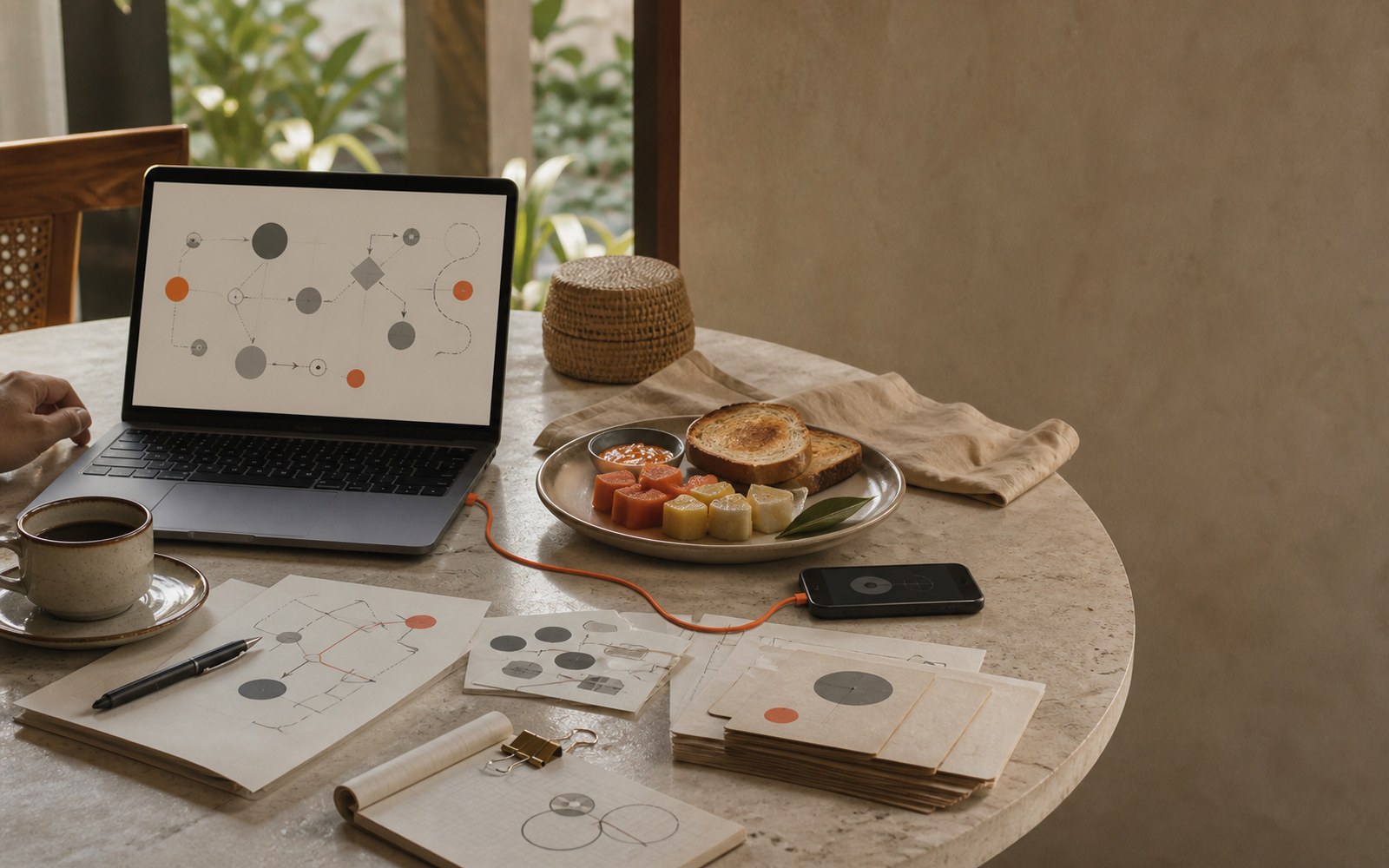 A laptop running an automated workflow beside breakfast, a mobile hotspot and research notes.