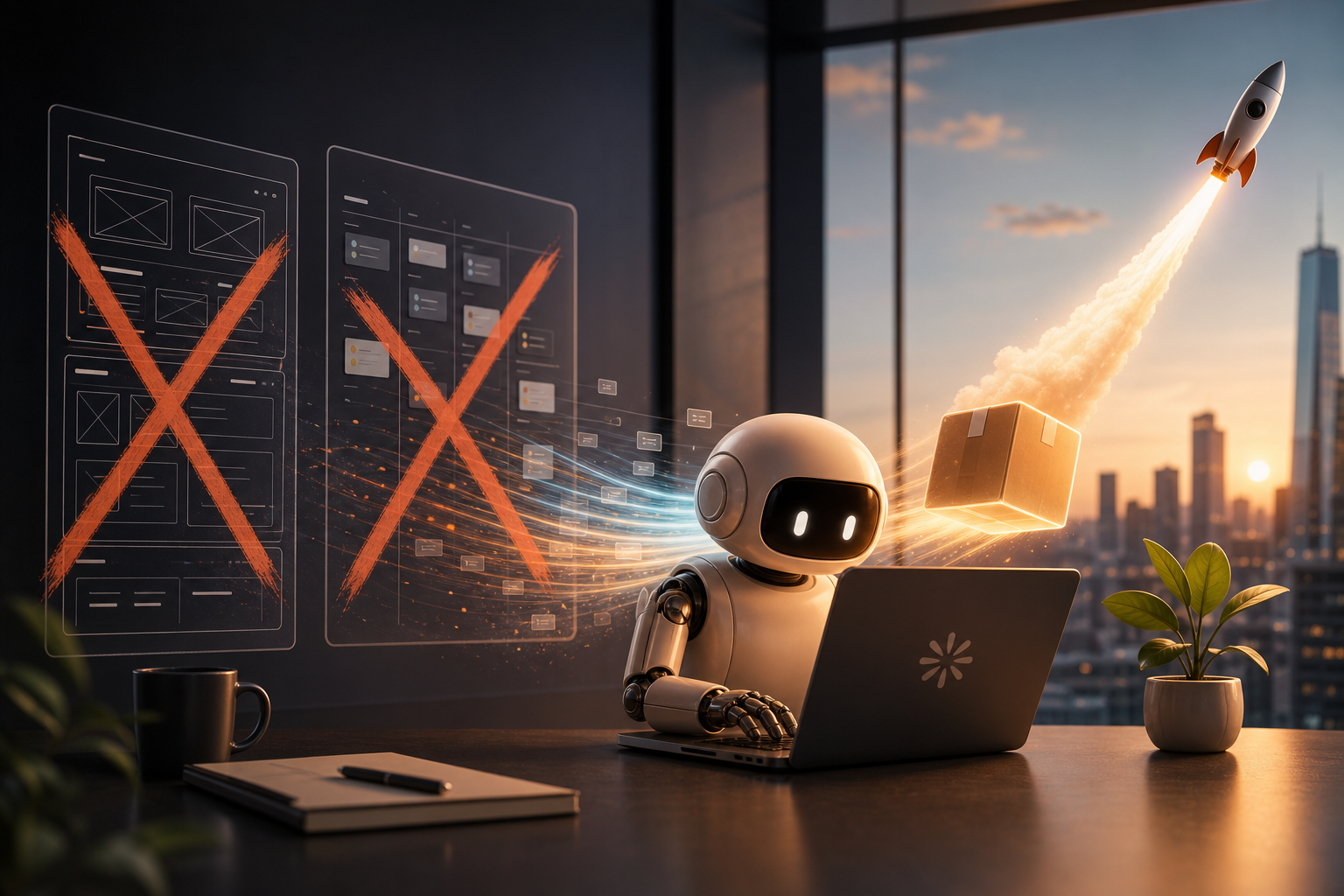 Developer working efficiently at desk with code on screen and streamlined workflow visualization.