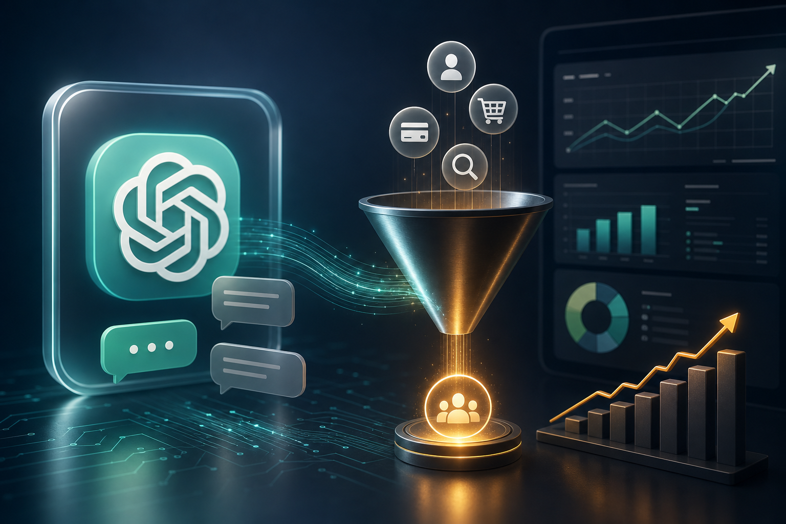 Digital marketing professional analyzing conversion metrics and AI-powered advertising data on multiple screens.