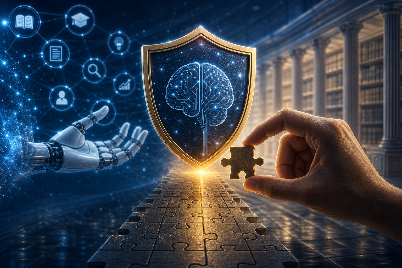 Abstract visualization of interconnected nodes and verification checkmarks representing AI credibility and topical experti…