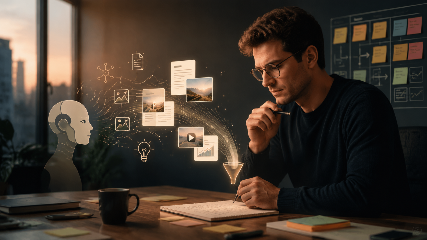 A minimalist workspace showing interconnected ideas flowing between a notebook and glowing digital interface, symbolizing …
