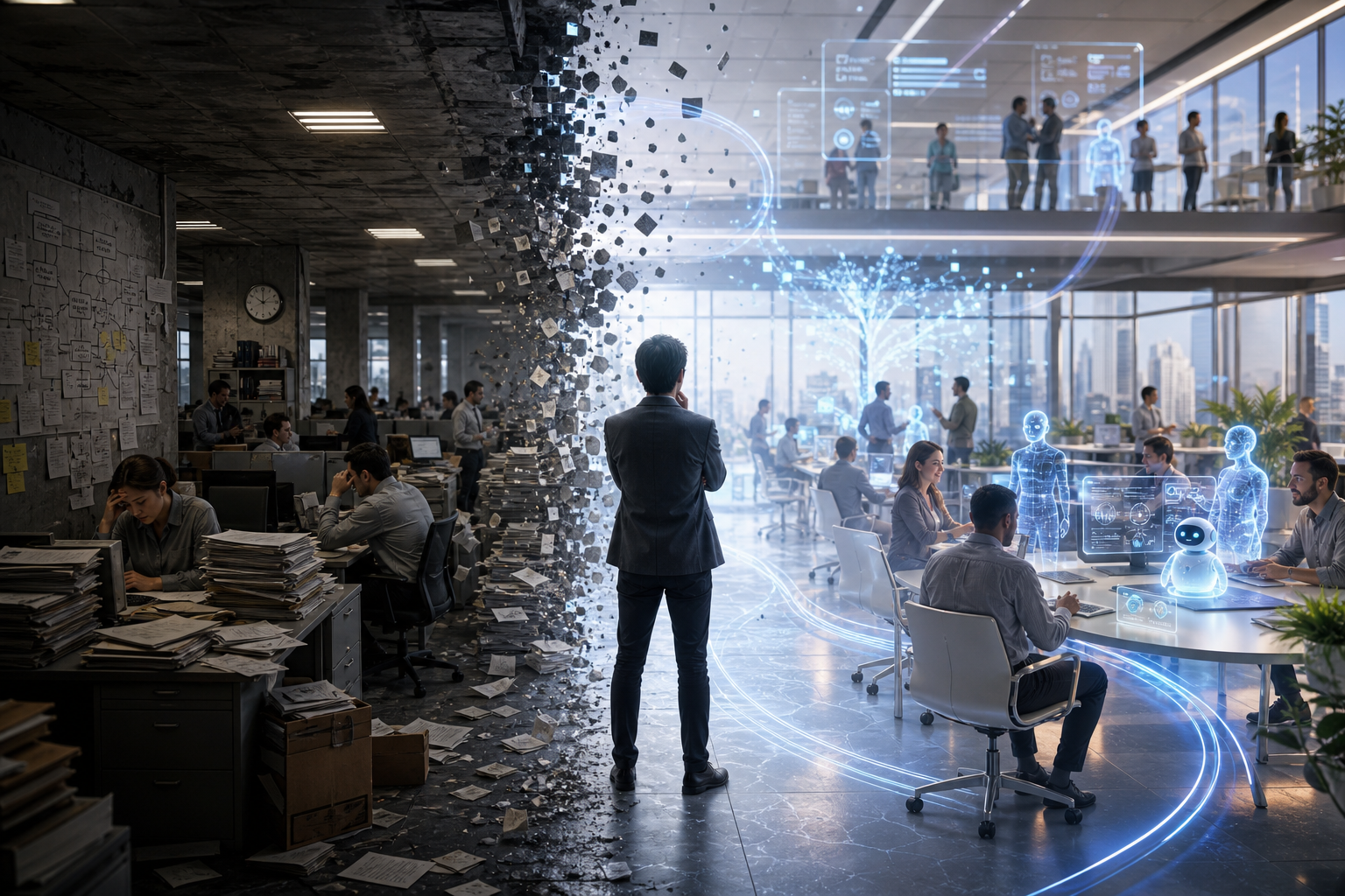 Abstract organizational structure with misaligned gears and interconnected nodes, symbolizing common mistakes in agentic A…