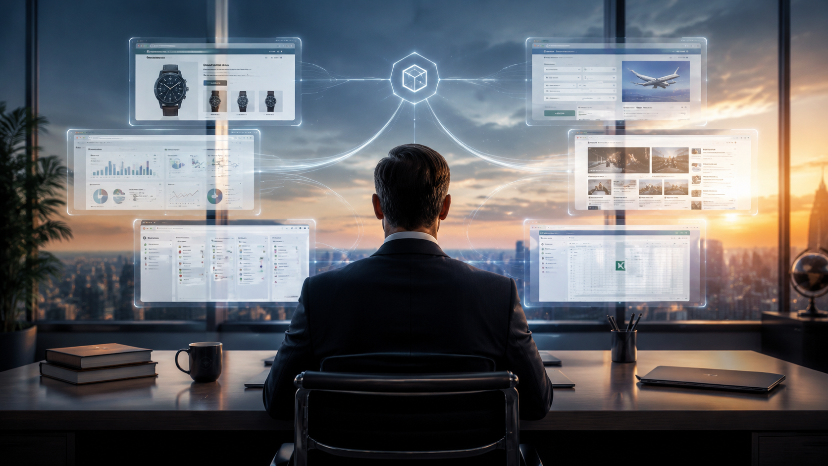 Executive working at modern desk with multiple digital screens displaying data, analytics, and workflow dashboards.