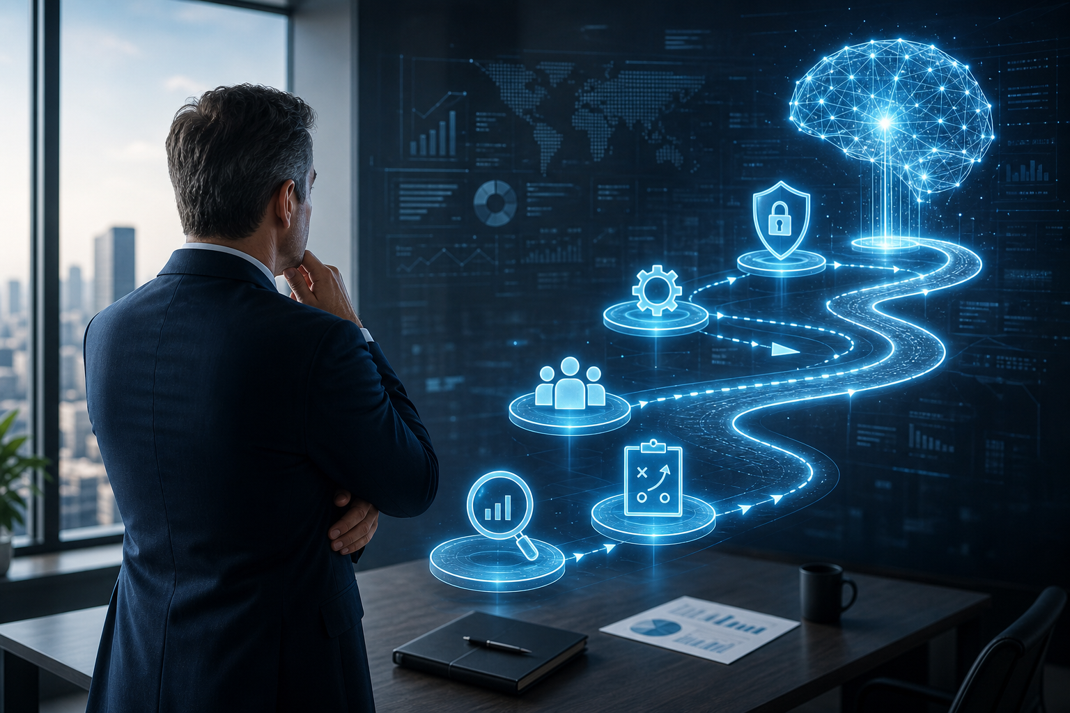 Executive leader analyzing digital transformation strategy with AI technology visualization and organizational roadmap.