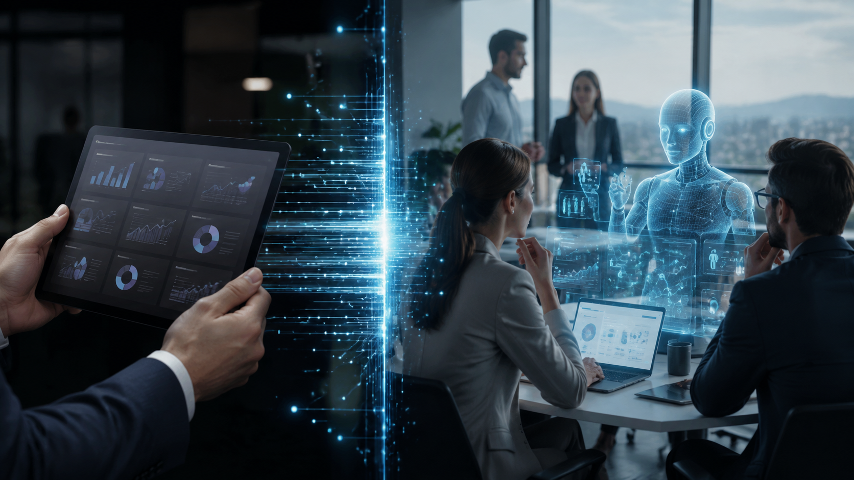 Professional presenting AI solutions with interactive hologram and data visualization tools beyond traditional slides.