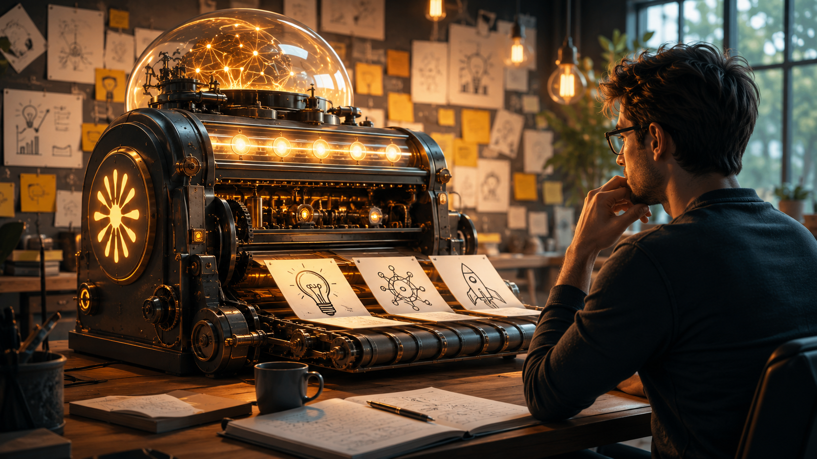 Digital illustration of interconnected gears and lightbulbs flowing into a creative vortex, symbolizing AI-powered idea ge…