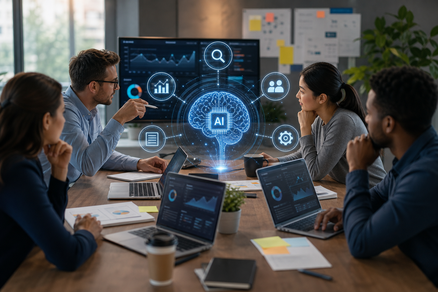 Team collaborating around a digital interface with AI-powered SEO analytics and optimization tools displayed.