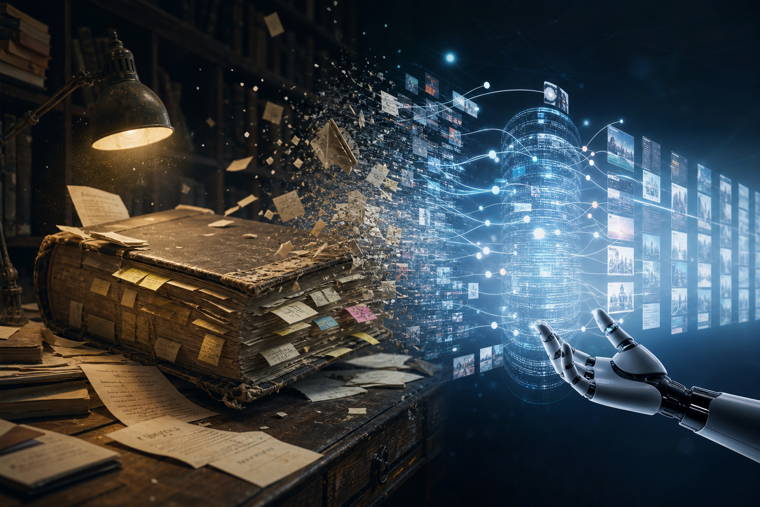 Digital interface displaying interconnected AI nodes replacing traditional guidebook pages on a glowing screen.