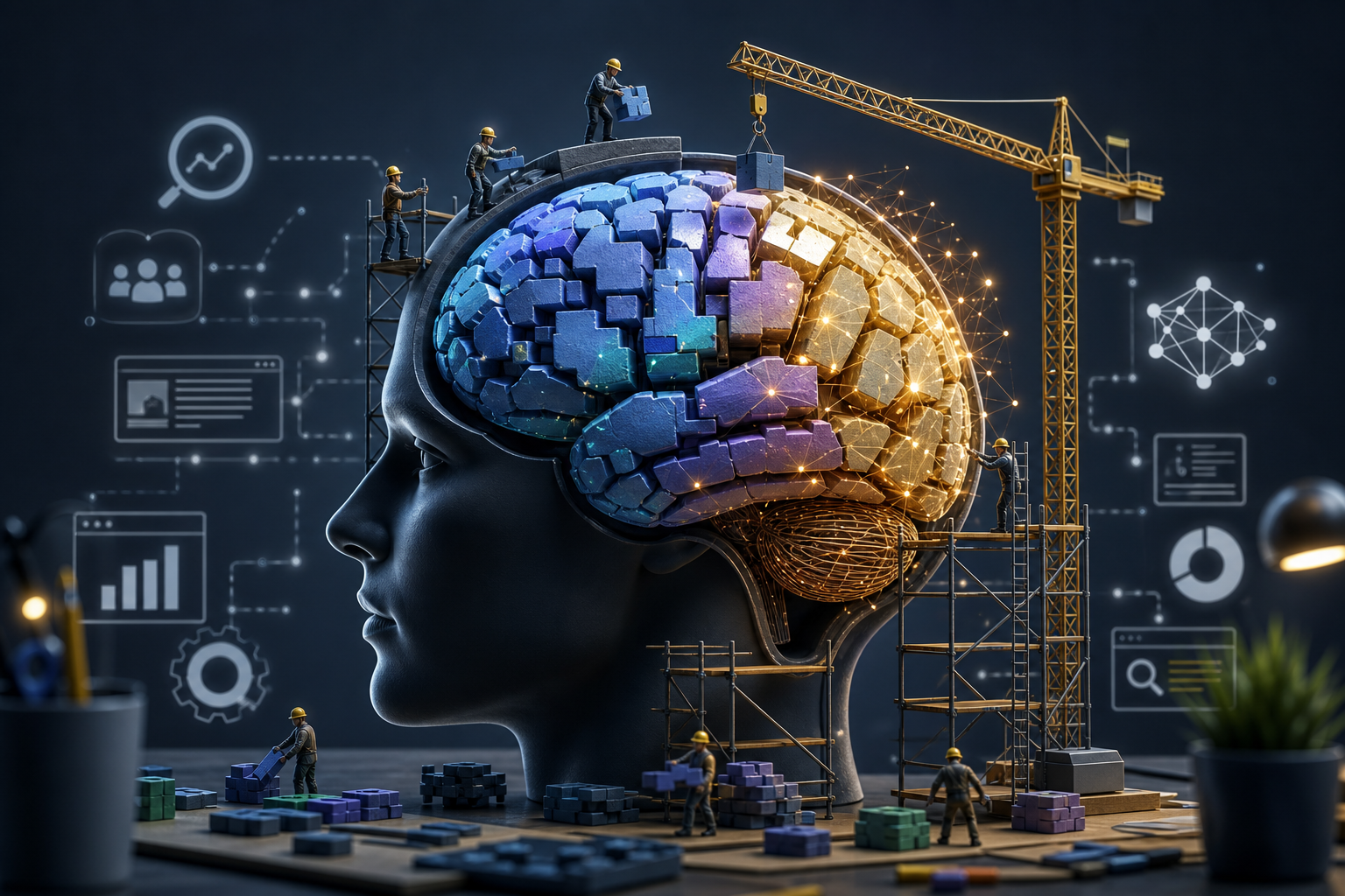 Abstract illustration of an interconnected brain network with glowing nodes representing AI and SEO concepts merged together.