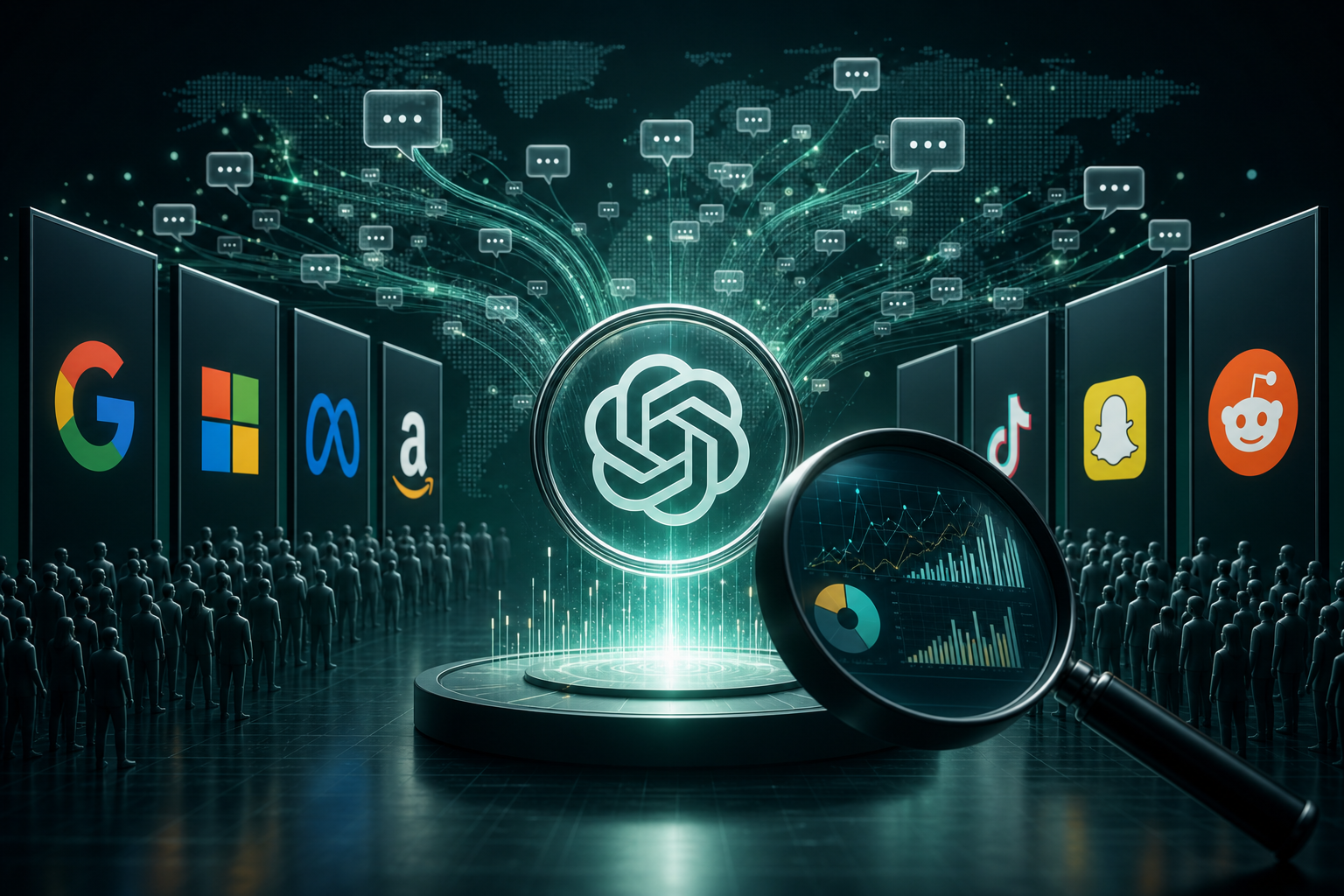Colorful data visualization showing competitive analysis patterns and insights emerging from millions of digital queries a…