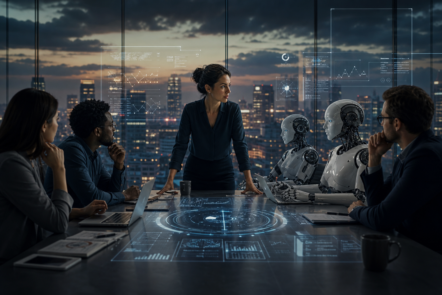 A diverse team collaborates around a glowing digital interface, blending human and AI elements in perfect balance.