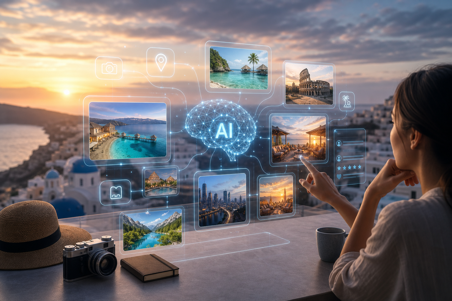 A globe surrounded by glowing data points and travel icons represents AI-powered personalized recommendations for modern t…