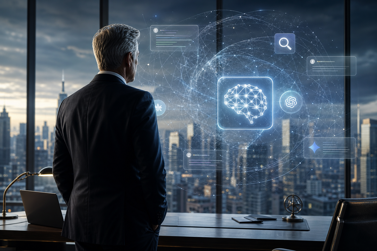 Executive silhouette overlooking a digital landscape where AI search results dominate the horizon.