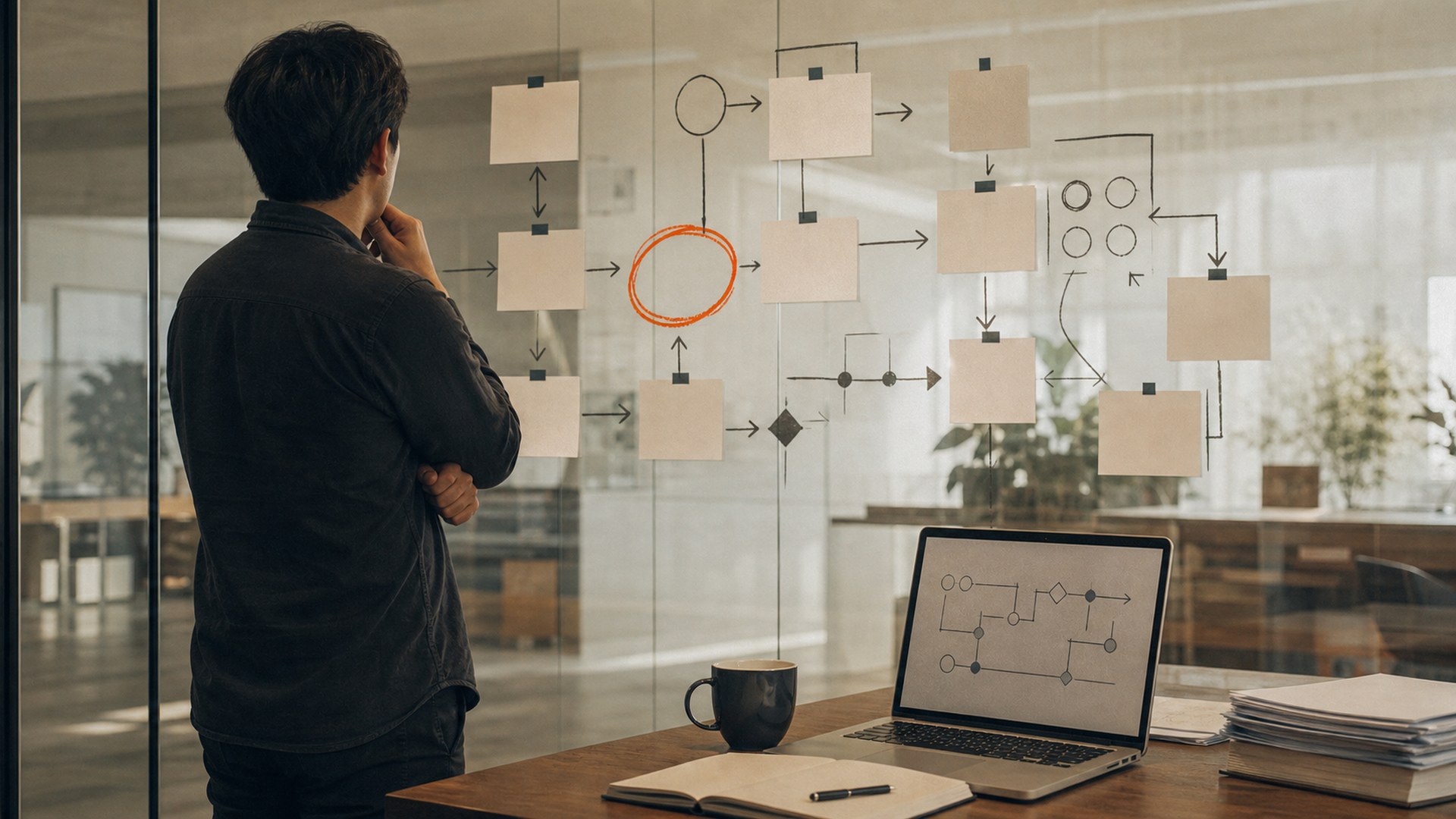 An operator studies a glass workflow map with one central step left blank and circled in orange.
